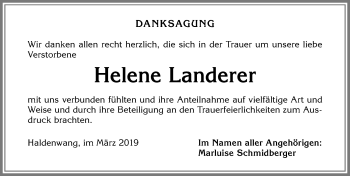 Traueranzeige von Helene Landerer von Allgäuer Zeitung,Kempten
