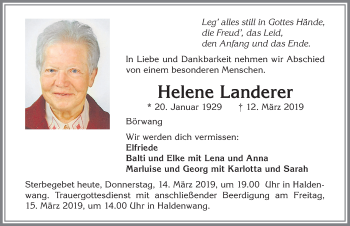Traueranzeige von Helene Landerer von Allgäuer Zeitung,Kempten