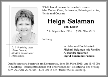 Traueranzeige von Helga Salaman von Allgäuer Zeitung,Kempten