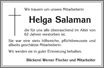 Traueranzeige von Helga Salaman von Allgäuer Zeitung,Kempten
