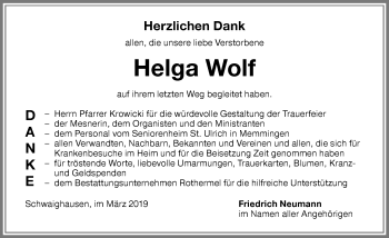 Traueranzeige von Helga Wolf von Memminger Zeitung