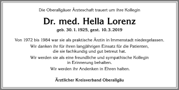 Traueranzeige von Hella Lorenz von Allgäuer Anzeigeblatt