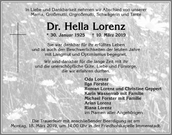 Traueranzeige von Hella Lorenz von Allgäuer Anzeigeblatt