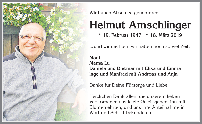  Traueranzeige für Helmut Amschlinger vom 30.03.2019 aus Allgäuer Zeitung,Kempten