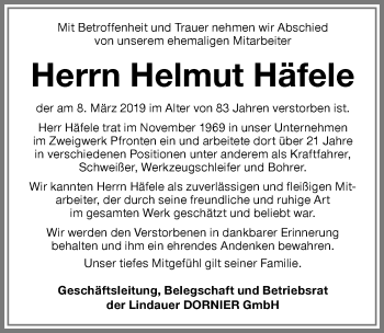 Traueranzeige von Helmut Häfele von Allgäuer Zeitung, Füssen