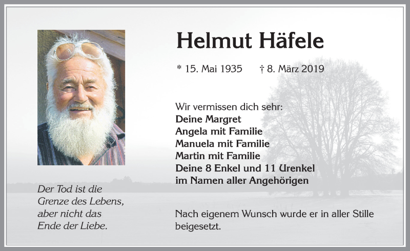  Traueranzeige für Helmut Häfele vom 20.03.2019 aus Allgäuer Zeitung, Füssen