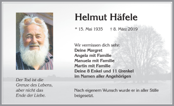 Traueranzeige von Helmut Häfele von Allgäuer Zeitung, Füssen