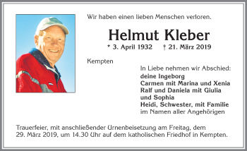 Traueranzeige von Helmut Kleber von Allgäuer Zeitung,Kempten