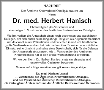 Traueranzeige von Herbert Hanisch von Allgäuer Zeitung, Kaufbeuren/Buchloe