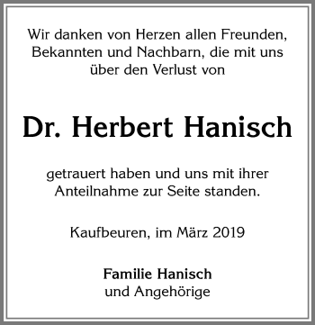Traueranzeige von Herbert Hanisch von Allgäuer Zeitung, Kaufbeuren/Buchloe