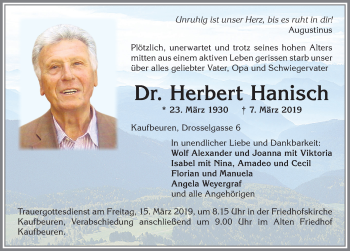 Traueranzeige von Herbert Hanisch von Allgäuer Zeitung, Kaufbeuren/Buchloe