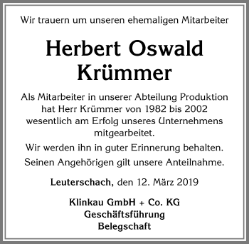 Traueranzeige von Herbert Oswald Krümmer von Allgäuer Zeitung, Marktoberdorf