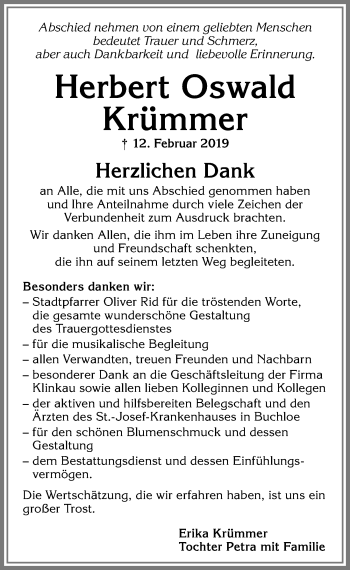 Traueranzeige von Herbert Oswald Krümmer von Allgäuer Zeitung, Marktoberdorf
