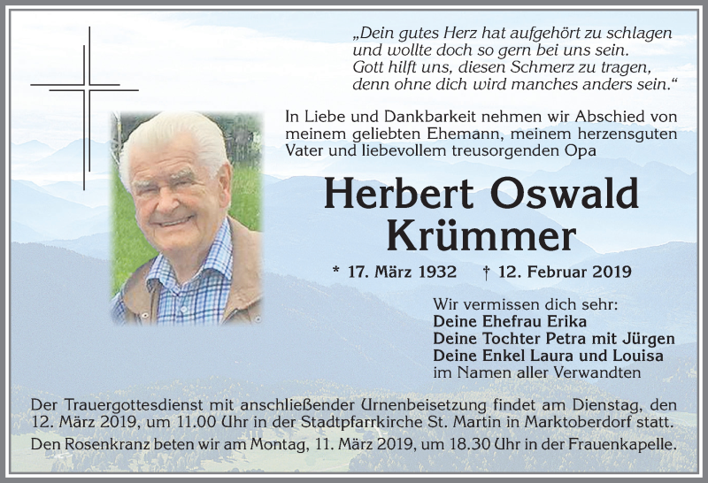  Traueranzeige für Herbert Oswald Krümmer vom 09.03.2019 aus Allgäuer Zeitung, Marktoberdorf