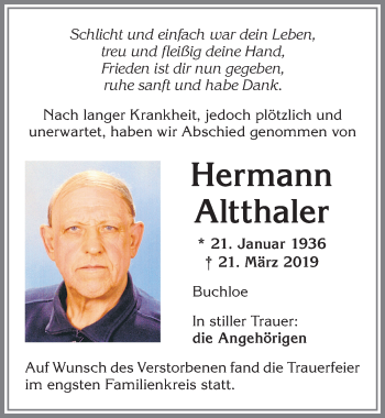 Traueranzeige von Hermann Altthaler von Allgäuer Zeitung, Kaufbeuren/Buchloe