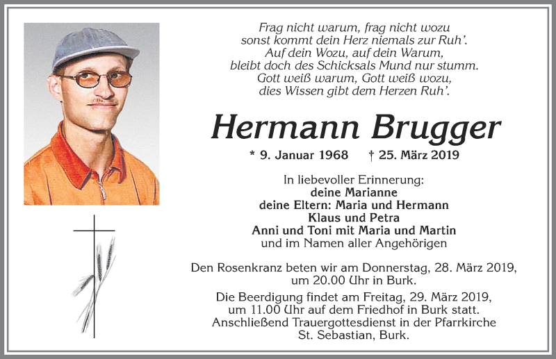  Traueranzeige für Hermann Brugger vom 27.03.2019 aus Allgäuer Zeitung, Marktoberdorf