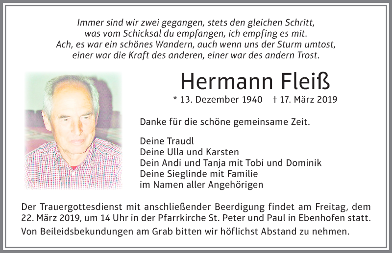  Traueranzeige für Hermann Fleiß vom 20.03.2019 aus Allgäuer Zeitung, Marktoberdorf