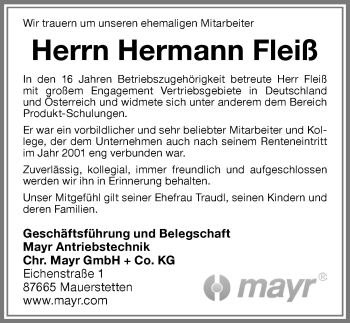 Traueranzeige von Hermann Fleiß von Allgäuer Zeitung
