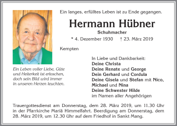 Traueranzeige von Hermann Hübner von Allgäuer Zeitung,Kempten