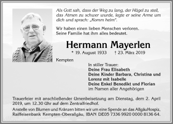 Traueranzeige von Hermann Mayerlen von Allgäuer Zeitung,Kempten
