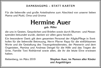 Traueranzeige von Hermine Auer von Allgäuer Anzeigeblatt