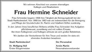Traueranzeige von Hermine Schneider von Allgäuer Zeitung, Marktoberdorf