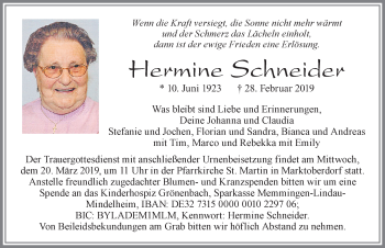Traueranzeige von Hermine Schneider von Allgäuer Zeitung, Marktoberdorf