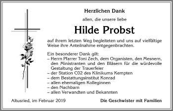Traueranzeige von Hilde Probst von Allgäuer Zeitung,Kempten