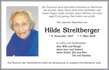 Traueranzeige von Hilde Streitberger von Allgäuer Zeitung,Kempten