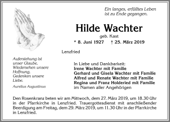 Traueranzeige von Hilde Wachter von Allgäuer Zeitung,Kempten