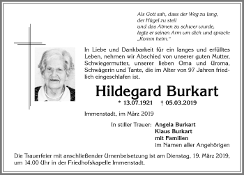 Traueranzeige von Hildegard Burkart von Allgäuer Anzeigeblatt