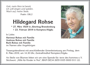 Traueranzeige von Hildegard Rohse von Allgäuer Zeitung,Kempten