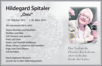 Traueranzeige von Hildegard Spitaler von Allgäuer Zeitung, Füssen