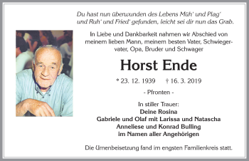 Traueranzeige von Horst Ende von Allgäuer Zeitung, Füssen