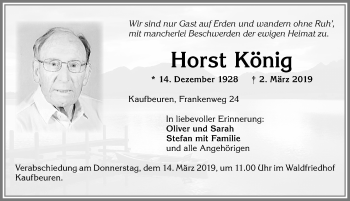 Traueranzeige von Horst König von Allgäuer Zeitung, Kaufbeuren/Buchloe