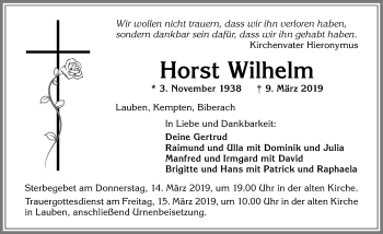 Traueranzeige von Horst Wilhelm von Allgäuer Zeitung,Kempten