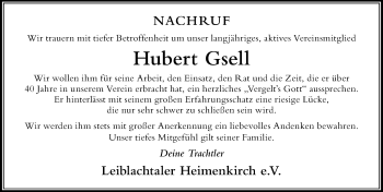 Traueranzeige von Hubert Gsell von Der Westallgäuer