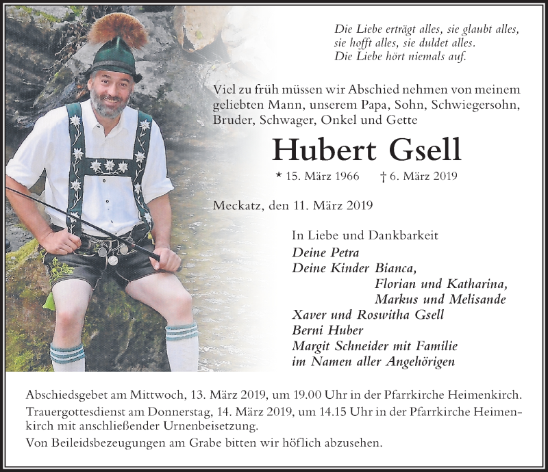  Traueranzeige für Hubert Gsell vom 11.03.2019 aus Der Westallgäuer