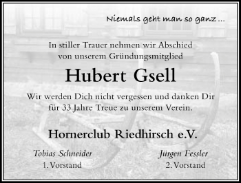 Traueranzeige von Hubert Gsell von Der Westallgäuer