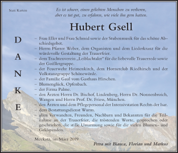 Traueranzeige von Hubert Gsell von Der Westallgäuer