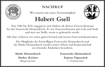 Traueranzeige von Hubert Gsell von Der Westallgäuer