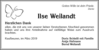 Traueranzeige von Ilse Weilandt von Allgäuer Zeitung, Kaufbeuren/Buchloe