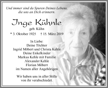 Traueranzeige von Inge Kühnle von Allgäuer Zeitung, Füssen