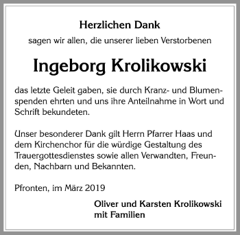 Traueranzeige von Ingeborg Krolikowski von Allgäuer Zeitung, Füssen