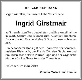 Traueranzeige von Ingrid Girstmair von Allgäuer Anzeigeblatt