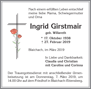 Traueranzeige von Ingrid Girstmair von Allgäuer Anzeigeblatt