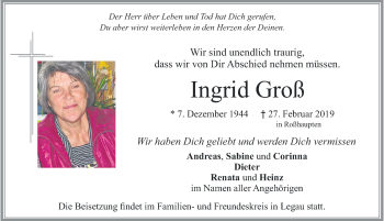 Traueranzeige von Ingrid Groß von Allgäuer Zeitung, Füssen