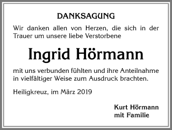 Traueranzeige von Ingrid Hörmann von Allgäuer Zeitung,Kempten