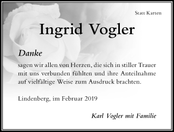 Traueranzeige von Ingrid Vogler von Der Westallgäuer