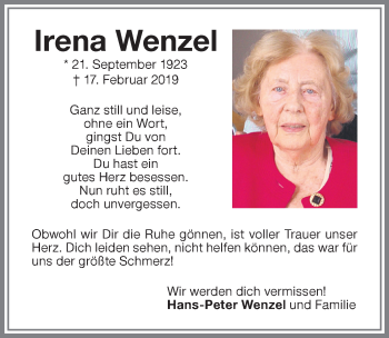 Traueranzeige von Irena Wenzel von Memminger Zeitung